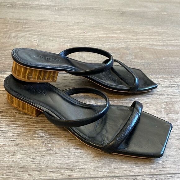 cult gaia Shoes - Cult Gaia Liz Black Leather Slide Sandals w Bamboo Inspired Block Heel Size 41